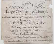 Load image into Gallery viewer, Georgian Trade Card Francis Noble's Large Circulating Library Covent Garden London Circa.1745