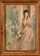 Load image into Gallery viewer, Antoine Calbet Watercolour Study Of A Young Woman Holding A Bonnet Circa.1900