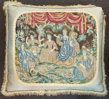 Load image into Gallery viewer, 17th.Century Needlework Mounted As A Cushion An Elegant Couple With Mercury Juno And Minerva Circa.1690