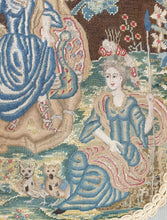 Load image into Gallery viewer, 17th.Century Needlework Mounted As A Cushion An Elegant Couple With Mercury Juno And Minerva Circa.1690