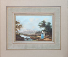 Load image into Gallery viewer, German School 18th.Century Gouache Watercolour Landscape With Elegant Couple Strolling On The Outskirts Of A Village