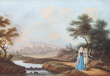 Load image into Gallery viewer, German School 18th.Century Gouache Watercolour Landscape With Elegant Couple Strolling On The Outskirts Of A Village