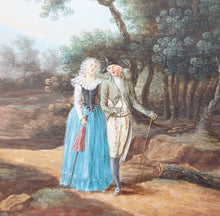 Load image into Gallery viewer, German School 18th.Century Gouache Watercolour Landscape With Elegant Couple Strolling On The Outskirts Of A Village