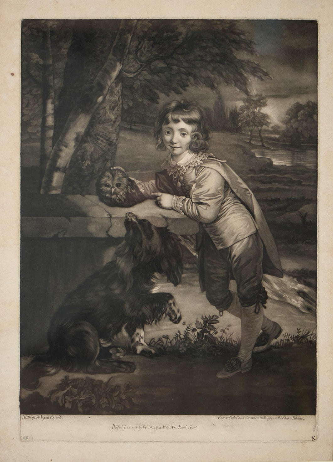 Valentine Green After Sir Joshua Reynolds P.R.A Mezzotint Engraving Charles Earl Of Dalkeith With His Pet Owl 1778