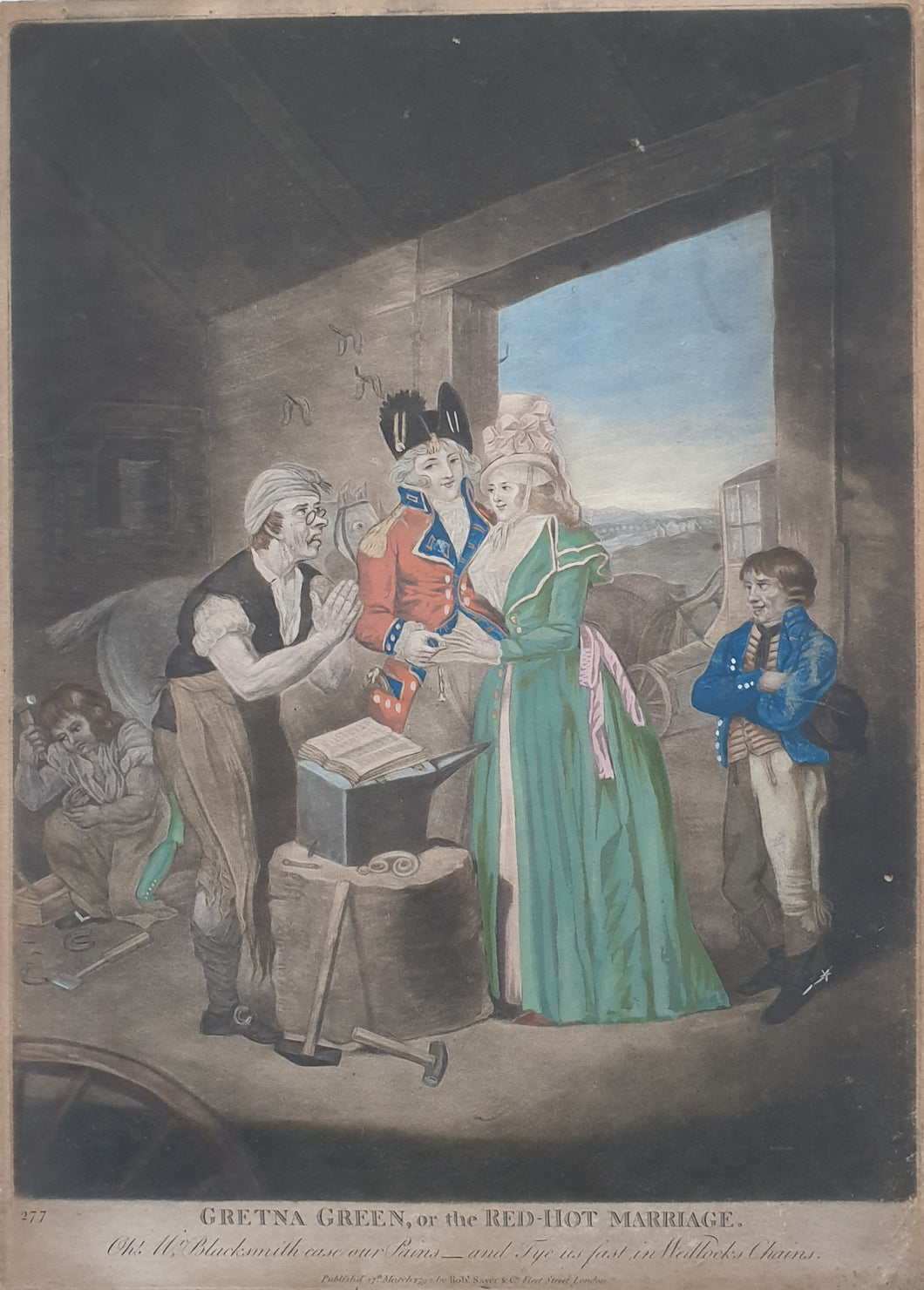 18th.Century Hand Coloured Mezzotint Engraving Gretna Green Or The Red Hot Marriage 1792