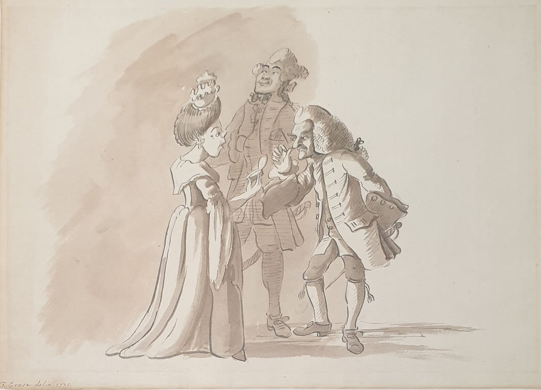 Francis Grose Caricature Watercolour Drawing Three Figures Taking Snuff 1771