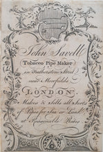 Load image into Gallery viewer, Rococo Trade Card John Savell Tobacco Pipe Maker London Circa.1770
