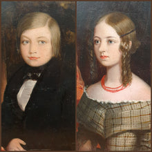 Load image into Gallery viewer, Siblings A Pair Of Early Victorian Small Oil Portraits Of Children Circa.1840
