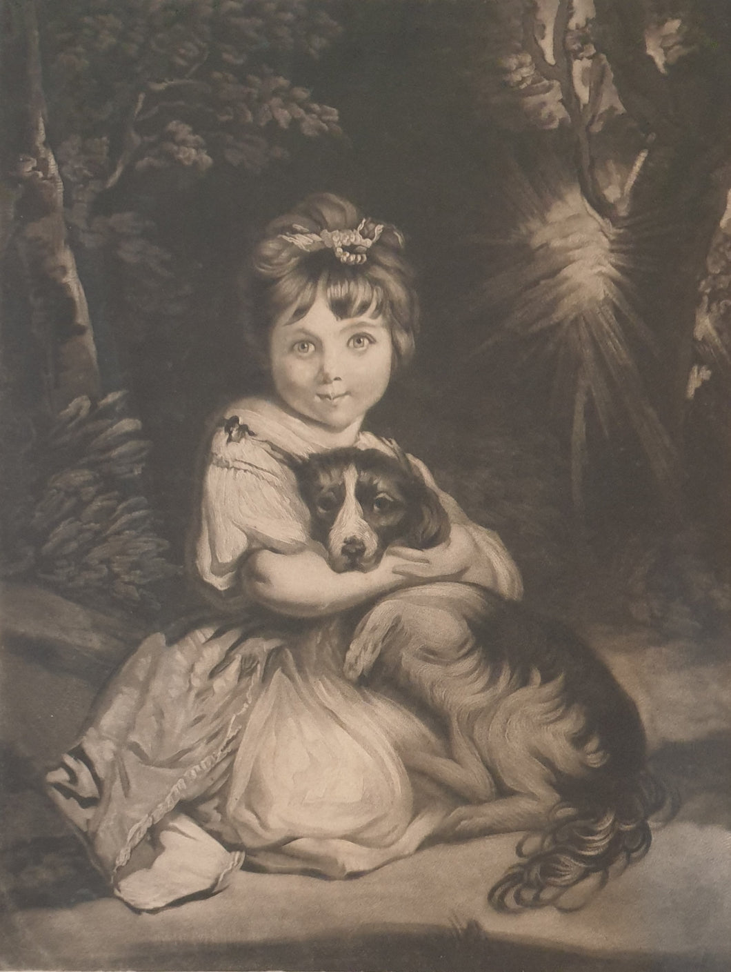 William Ward After Sir Joshua Reynolds Mezzotint Engraving Portrait Of Jane Palmer Hugging Her Spaniel