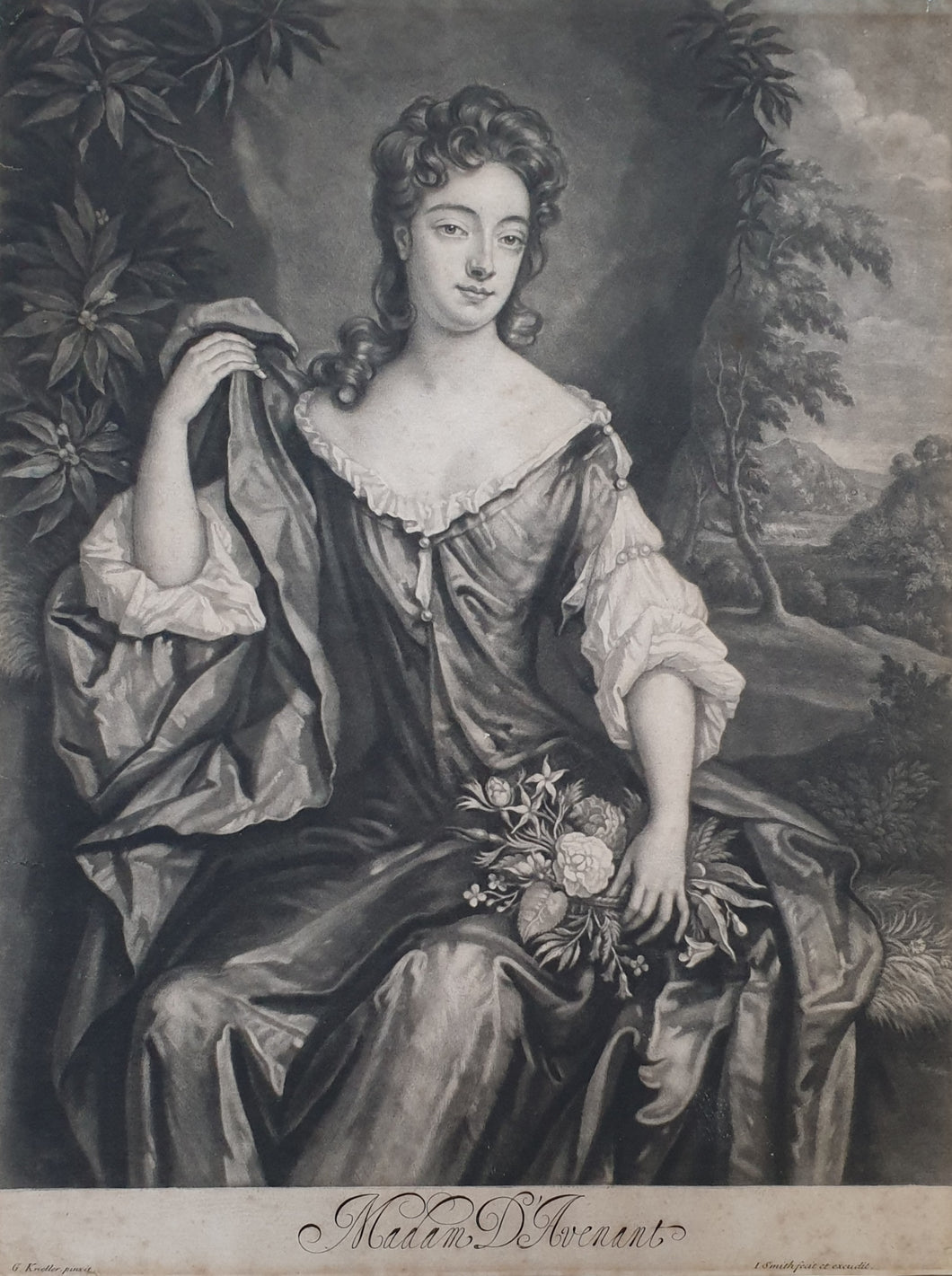 JI Smith Mezzotint Engraving After G Kneller Madam D'Avenant Circa.1690.