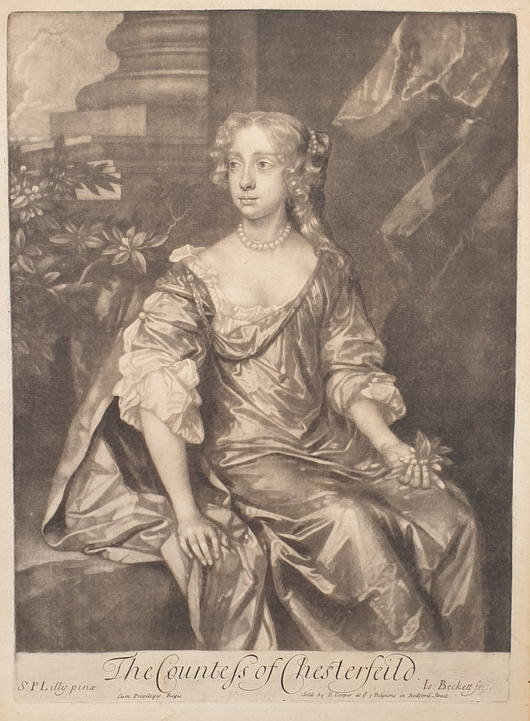 Isaac Beckett Mezzotint Engraving After Sir Peter Lely The Countess Of Chesterfield Circa.1680