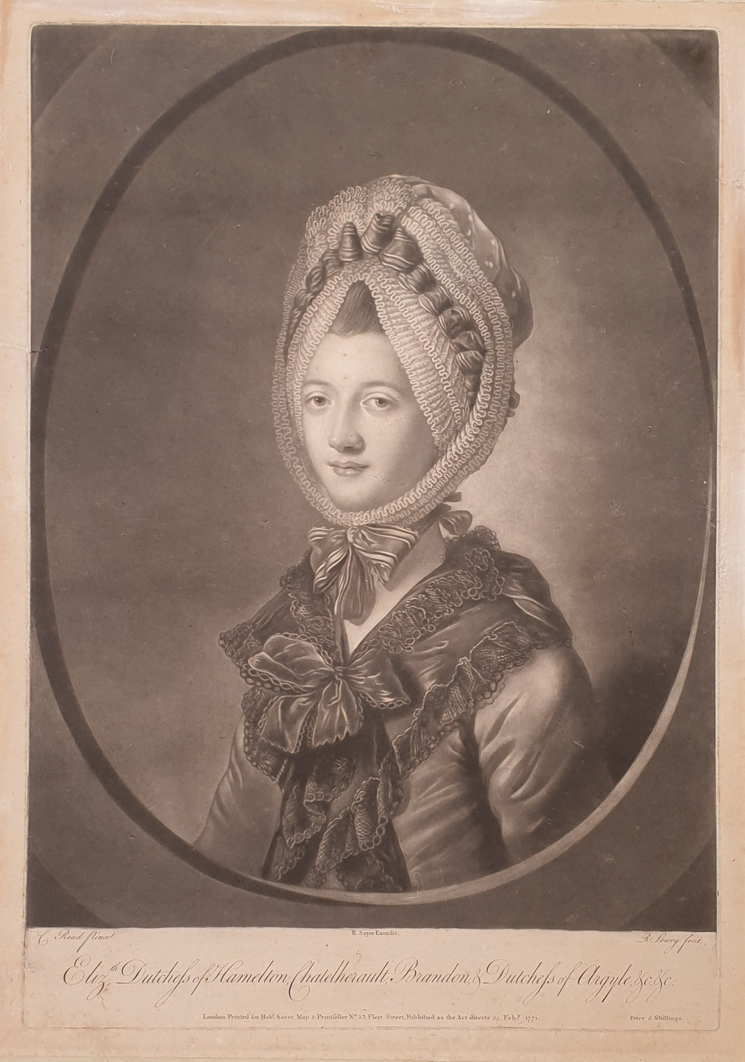 Elizabeth Duchess Of Hamilton The Large 18th.Century Mezzotint Engraving By R Lowry After Catherine Read 1771