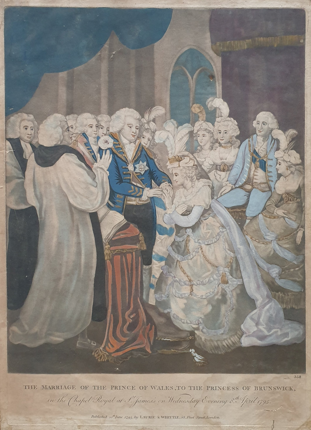 The Marriage Of The Prince Of Wales To The Princess Of Brunswick In The Chapel Royal At St James's On Wednesday Evening 8th April Hand Coloured Mezzotint Engraving 1795