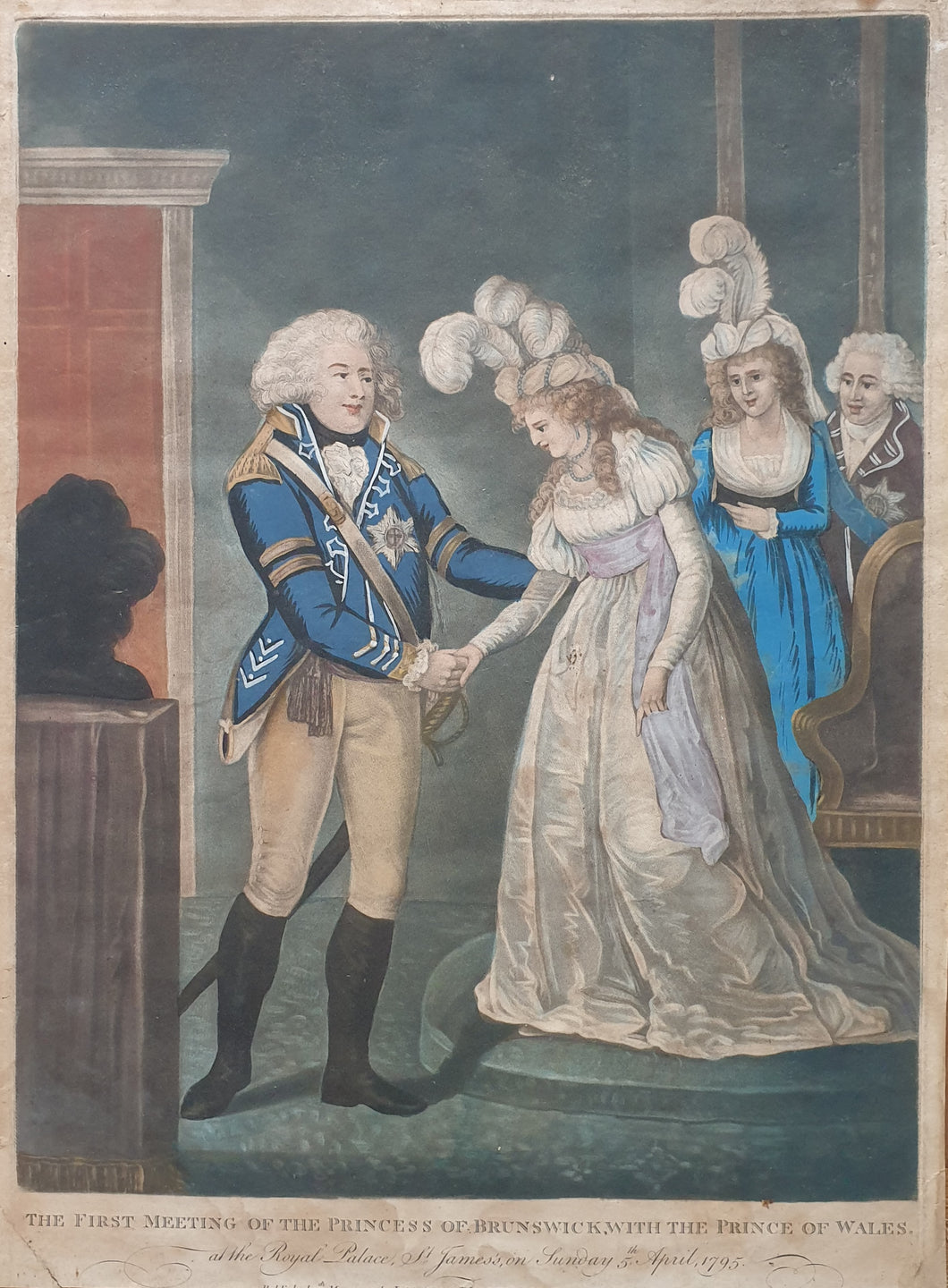 The First Meeting Of The Princess Of Brunswick With The Prince Of Wales Hand Coloured Mezzotint Engraving 1795