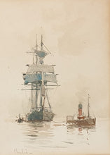 Load image into Gallery viewer, Charles Edward Dixon R.I. Watercolour Study Of A Paddle-Tug Towing A Sailing Ship Circa.1890
