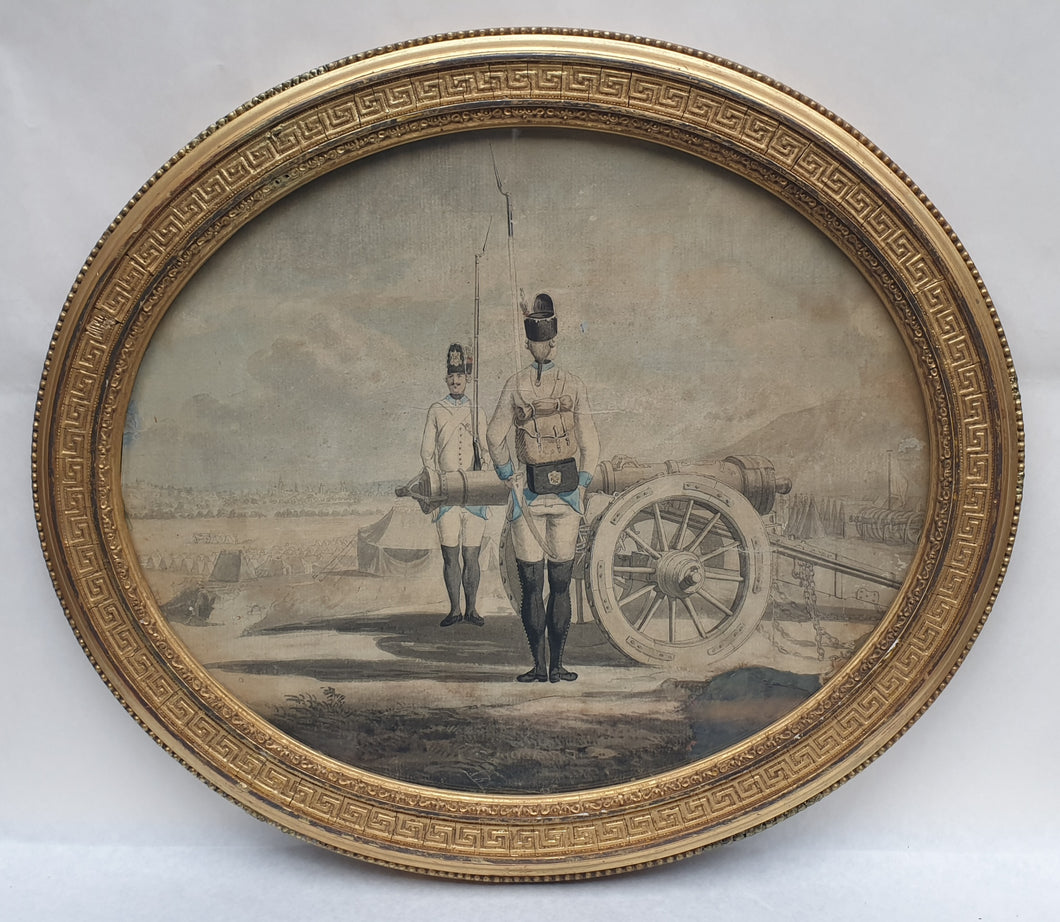 18th.Century Watercolour Drawing Austrian Soldiers Guarding Artillery Circa.1770