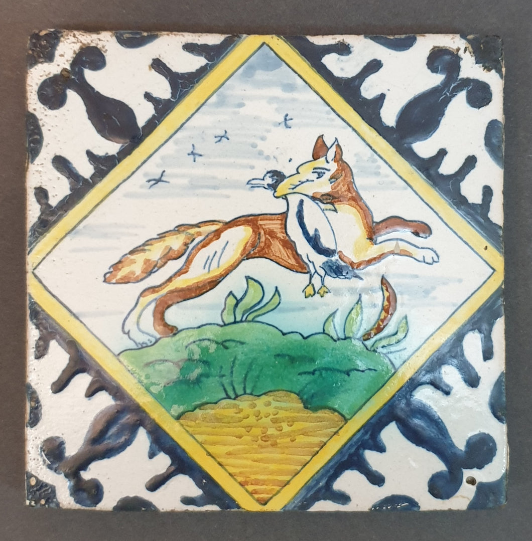 17th.Century Dutch Polychrome Delftware Maiolica Tile Fox And Duck