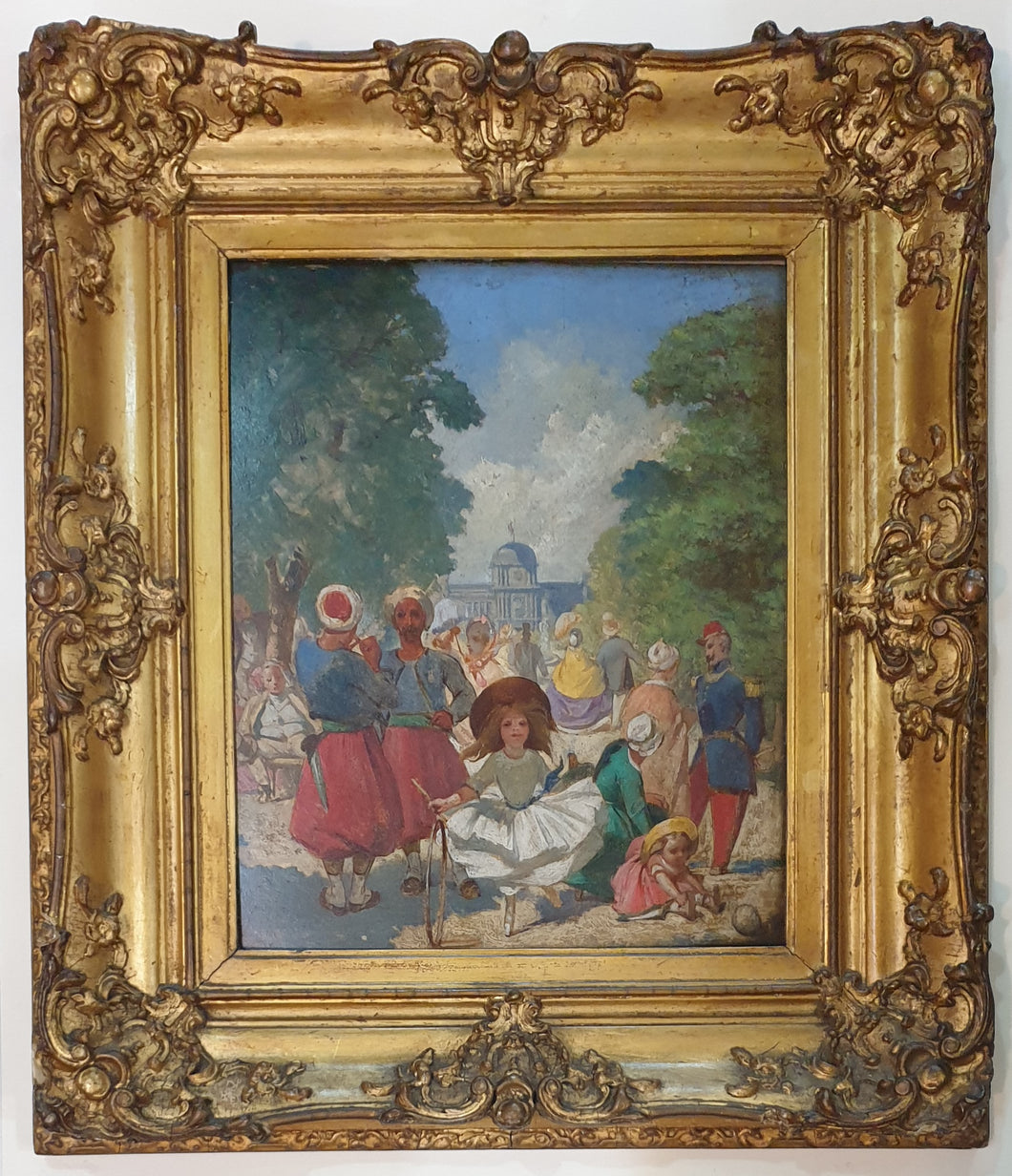 French School 19th.Century Oil Painting A View In The Jardins Du Luxembourg Paris Circa. 1850