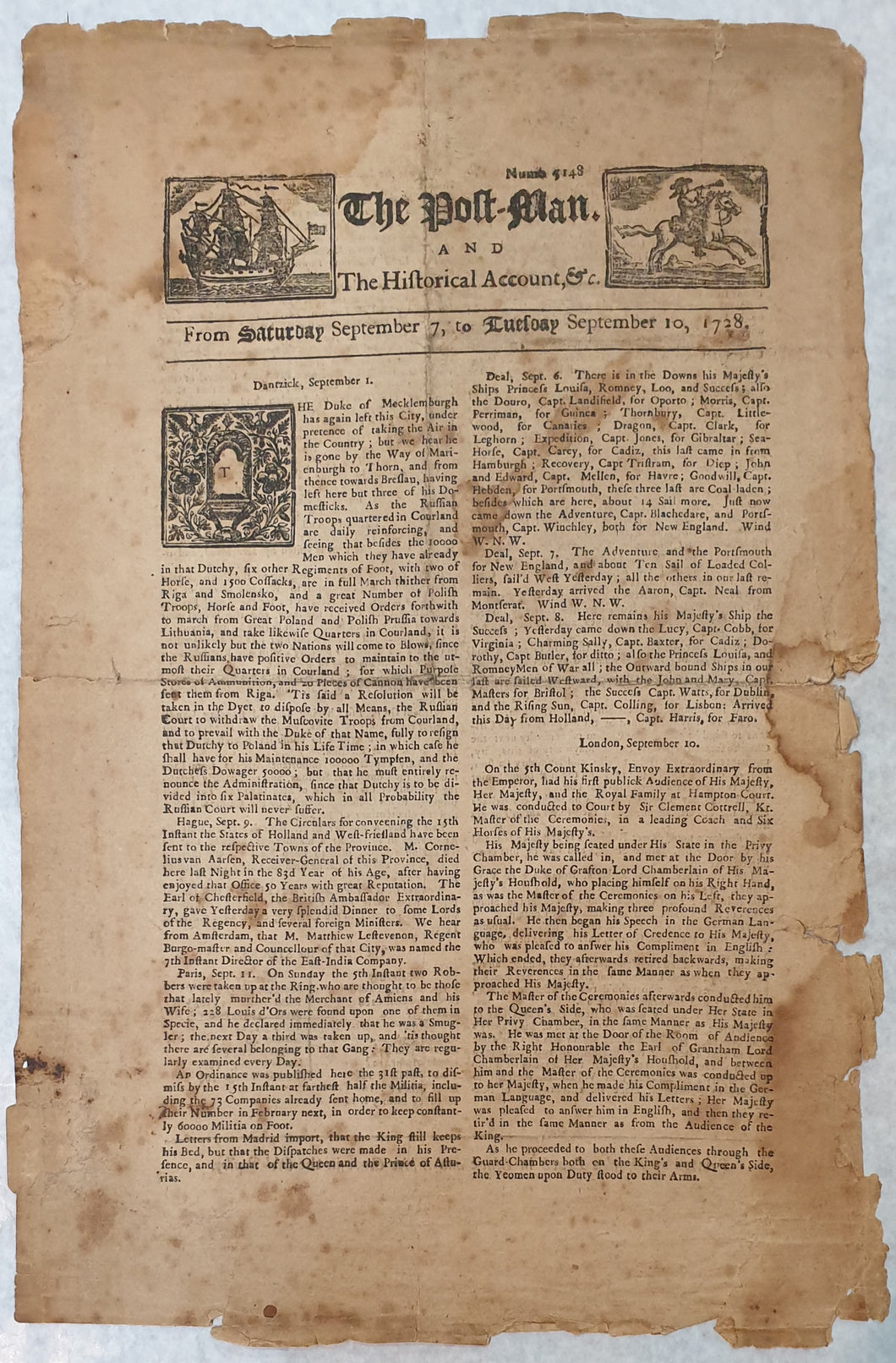 The Post-Man And The Historical Account Etc. Rare Early 18th.Century Broadside Newspaper 1728