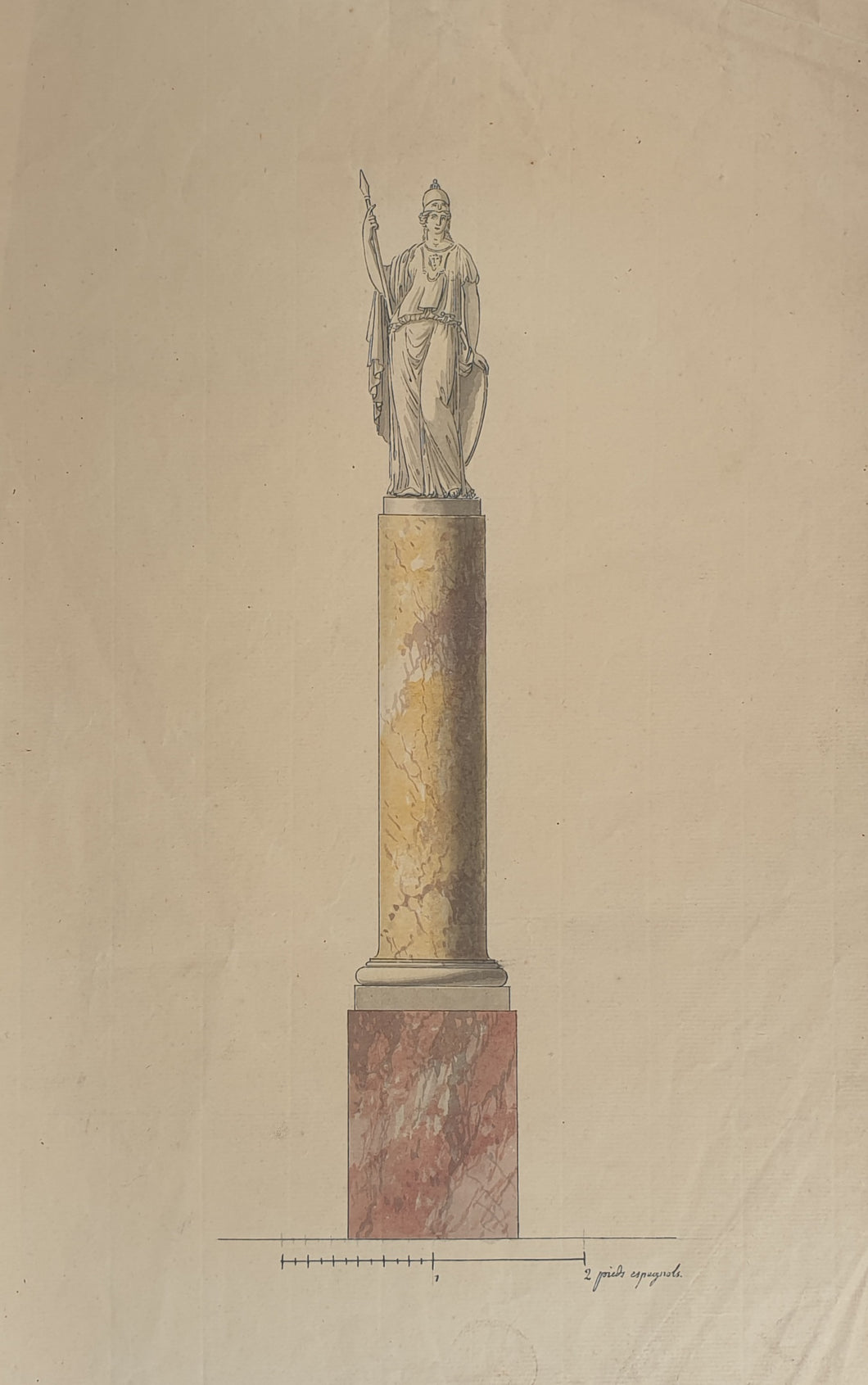 Spanish School 18th.Century Architectural Study Of A Marble Column With A Statue Of Minerva