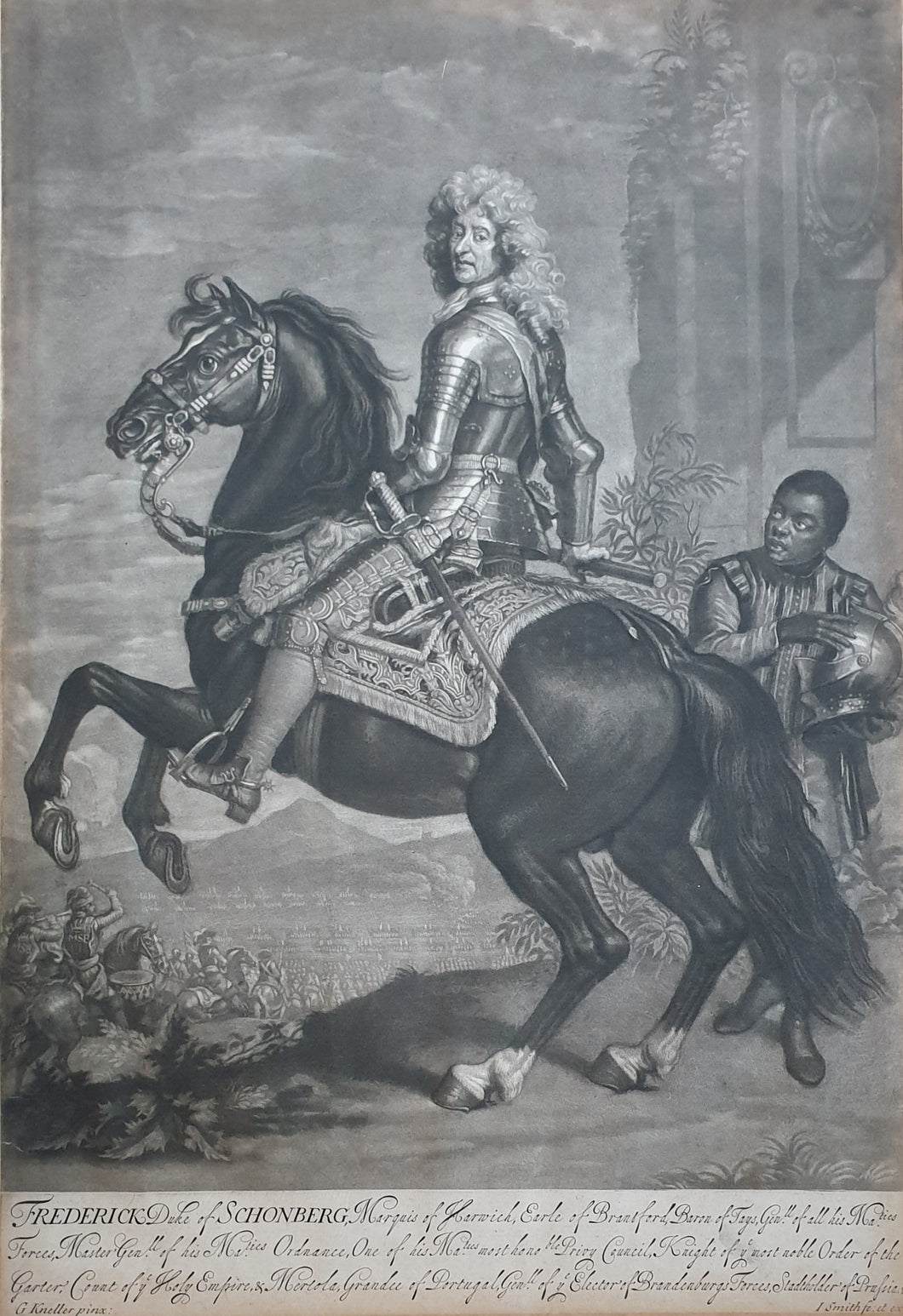 JI Smith Mezzotint Engraving After Sir Godfrey Kneller Equestrian Portrait Of Frederick Duke Of Schonberg With His Page Circa.1689