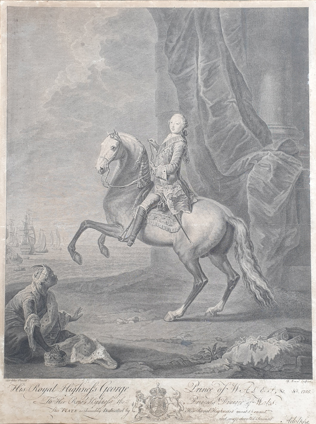 His Royal Highness George Prince Of Wales Large Equestrian Portrait Copper Engraving 1755