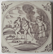 Load image into Gallery viewer, 18th.Century Dutch Manganese Delftware Tile The Expulsion From The Garden Of Eden Circa.1740

