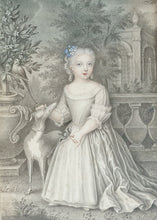 Load image into Gallery viewer, 18th.Century German School Small Watercolour Portrait Of A Young Girl With Her Whippet And Parakeet In A Garden Circa.1730.
