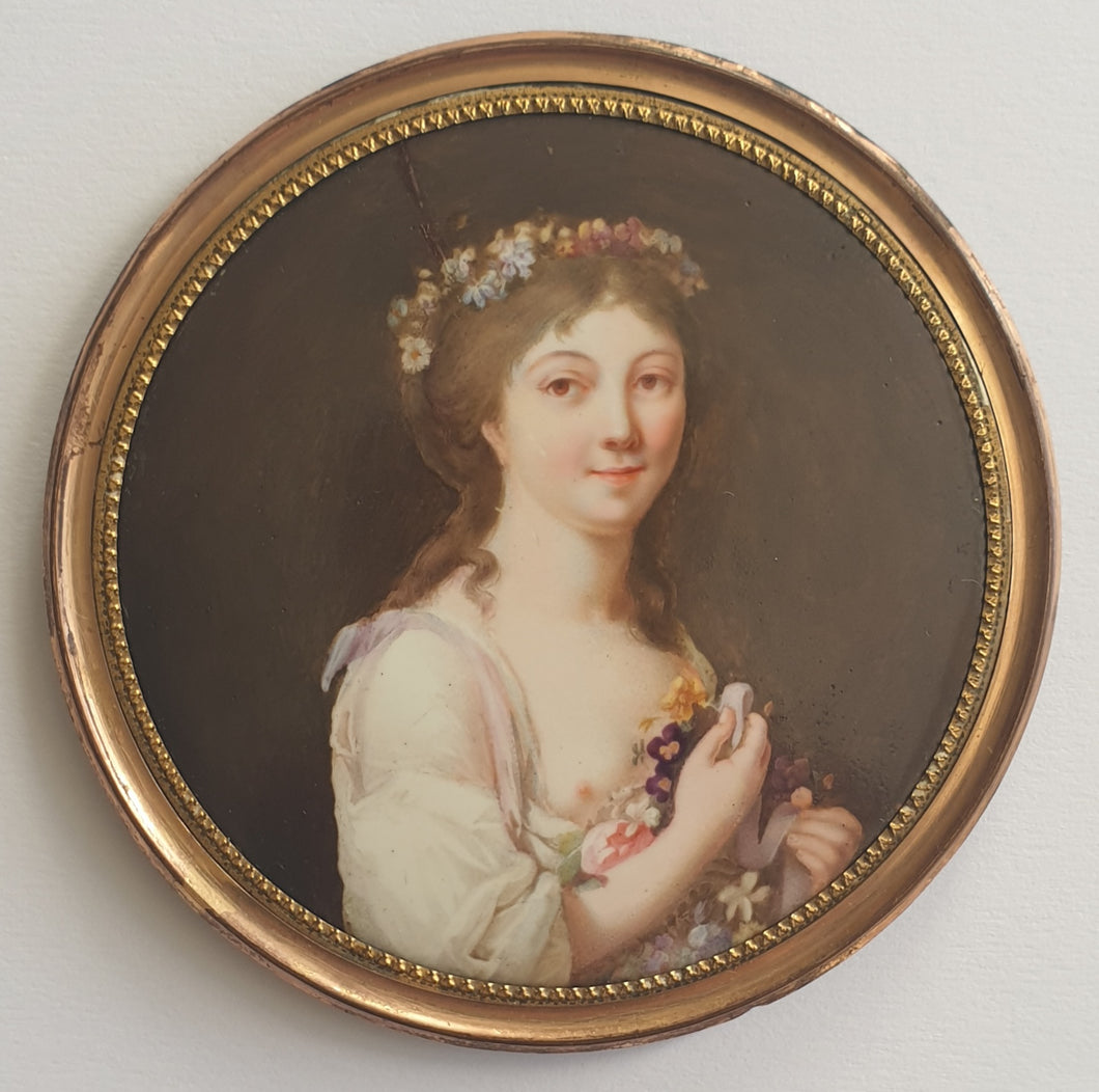 French School Enamel Portrait Miniature Of A Young Woman Circa.1770