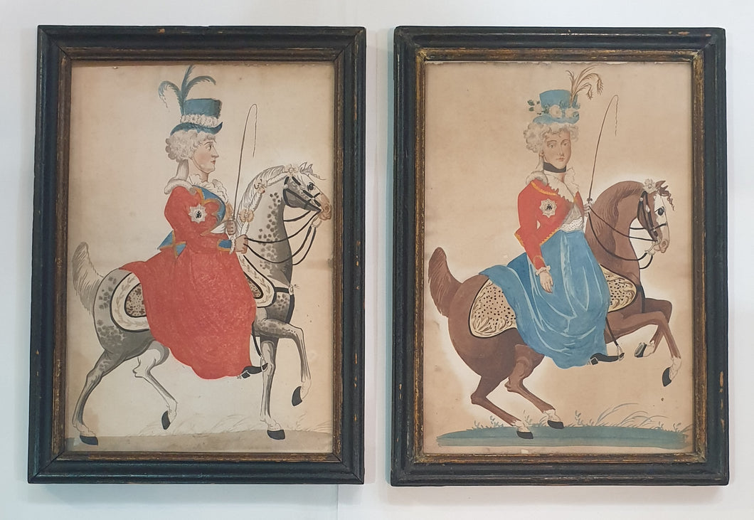 German School 18th.Century Equestrian Watercolour Portraits Of Noblewomen Circa.1780