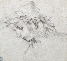 Load image into Gallery viewer, Italian School 17th.Century Charcoal Study Of A Muse Wearing A Laurel Wreath Crown Circa.1680
