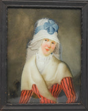 Load image into Gallery viewer, French School 18th.Century Reverse Glass Portrait Painting A Lady In A Striped Dress And Fur Shawl Circa.1785
