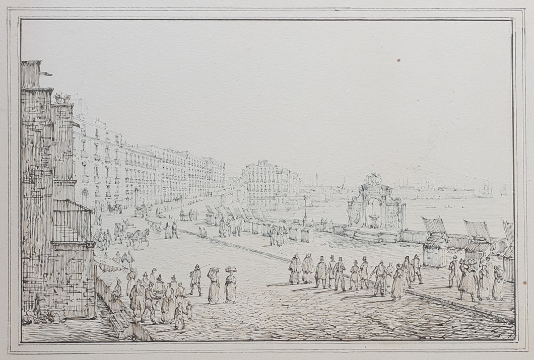 Antonio Senape Pen And Ink Topographical Drawing Santa Lucia Naples With Mount Vesuvius Circa.1820