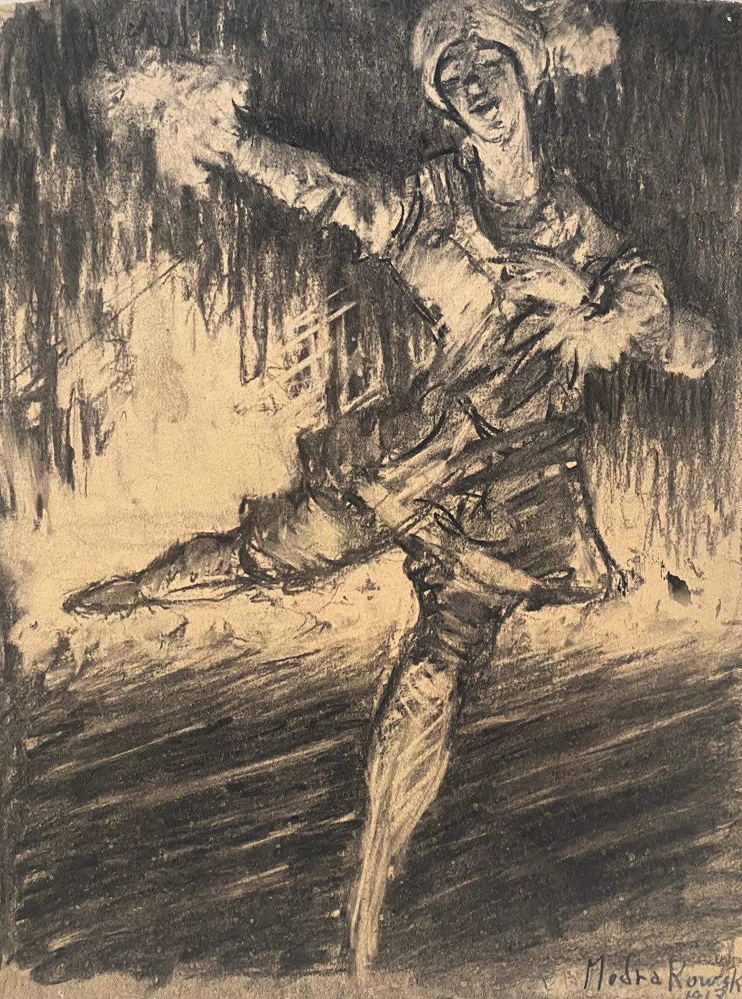 Eleanor Modrakowska Grey Wash And Charcoal Portrait Drawing Of Nijinsky In Le Pavillon D'Armide 1913