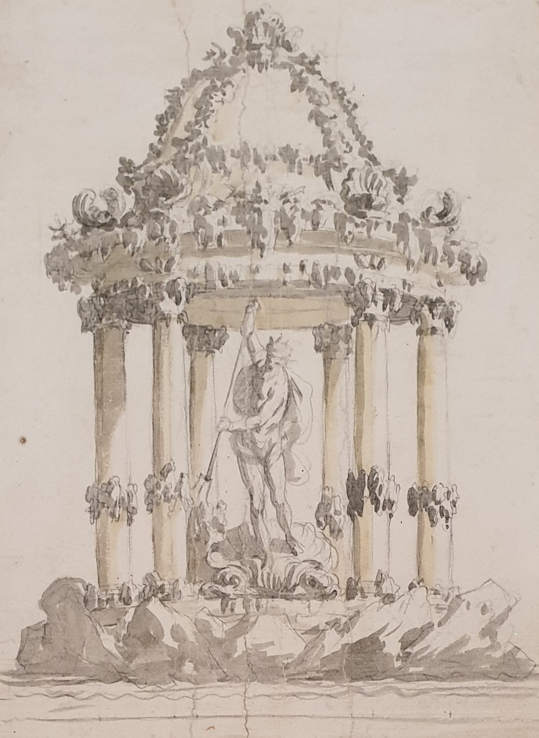 Circle Of Nicola Salvi Italian School 18th.Century Architectural Design For A Fountain To Neptune Circa.1730