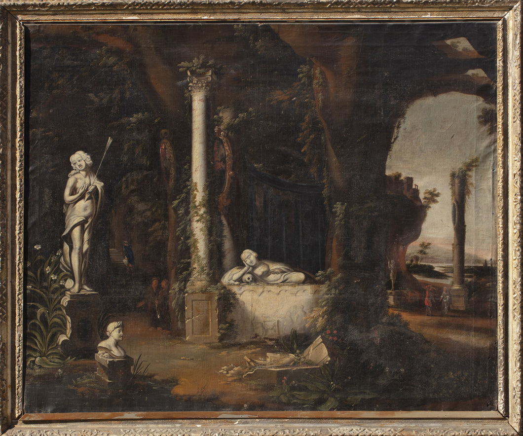 Circle Of Charles Cornelisz De Hooch Dutch School 17th.Century Large Oil On Canvas An Architectural Capriccio With The Tomb Of Mary Magdalene