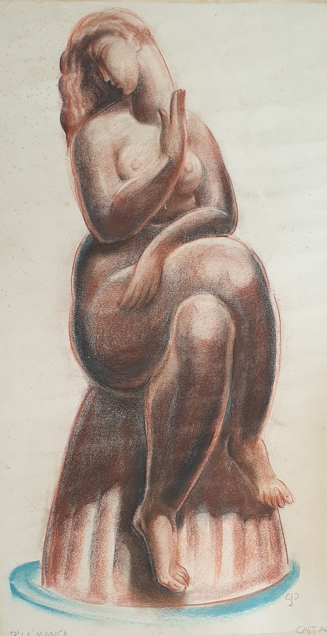 French School Art Deco Chalk Drawing B'LA'MANGE Circa.1930