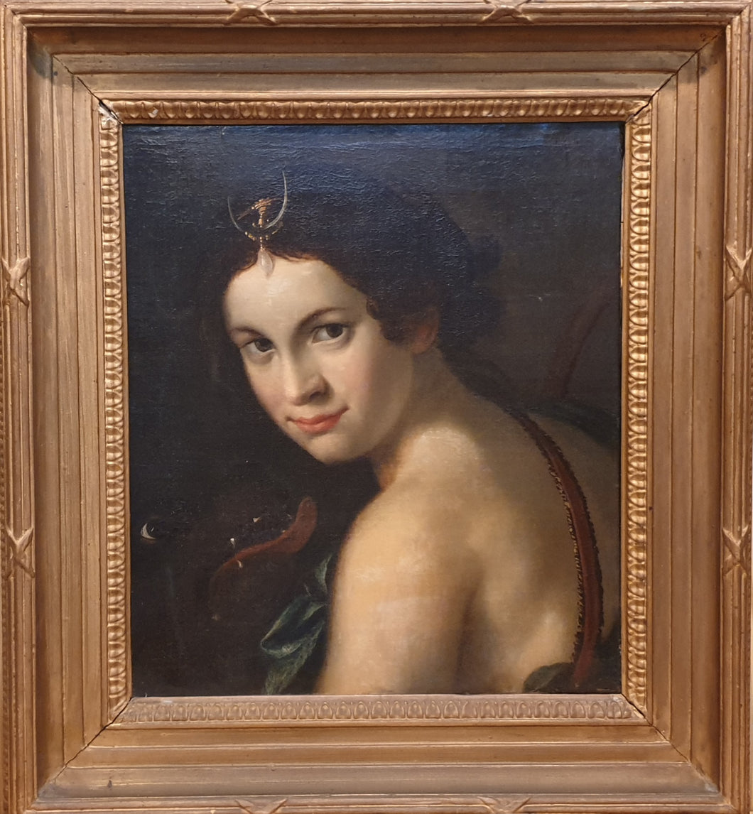18th.Century Irish Neoclassical School Oil Portrait Of A Lady As Diana The Huntress With Her Hound Circa.1770