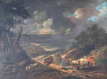 Load image into Gallery viewer, Francesco Giuseppe Casanova 18th.Century Oil On Panel A Stormy Landscape With Cattle And Drovers Circa.1770
