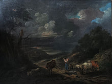 Load image into Gallery viewer, Francesco Giuseppe Casanova 18th.Century Oil On Panel A Stormy Landscape With Cattle And Drovers Circa.1770
