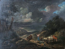 Load image into Gallery viewer, Francesco Giuseppe Casanova 18th.Century Oil On Panel A Stormy Landscape With Cattle And Drovers Circa.1770
