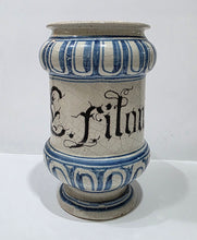 Load image into Gallery viewer, 18th.Century Italian Maiolica Albarello E. Filonio Persiio Savona Circa.1700
