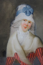 Load image into Gallery viewer, French School 18th.Century Reverse Glass Portrait Painting A Lady In A Striped Dress And Fur Shawl Circa.1785
