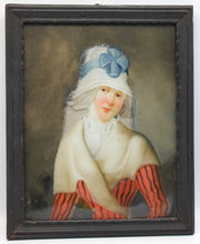 Load image into Gallery viewer, French School 18th.Century Reverse Glass Portrait Painting A Lady In A Striped Dress And Fur Shawl Circa.1785
