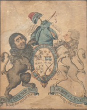 Load image into Gallery viewer, Fox And Pitt The Arms Of A Debating Society Hand Coloured Etching By R Dighton 1798
