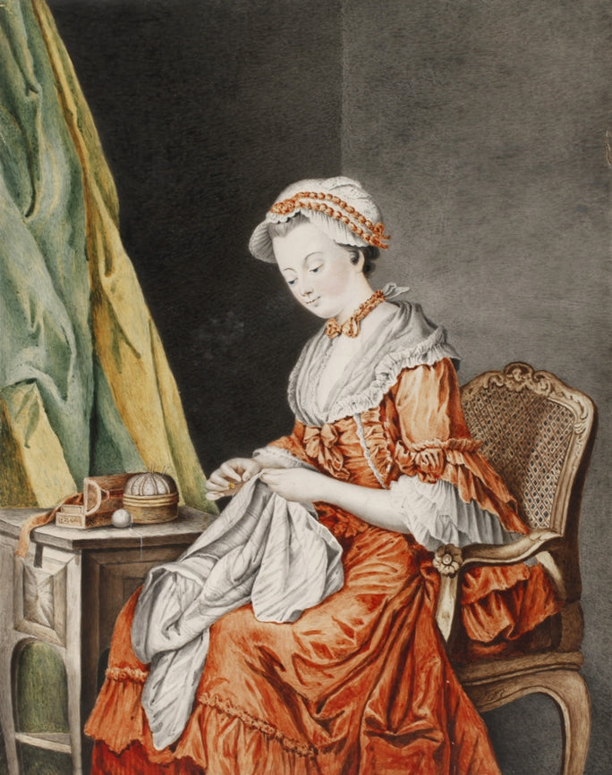German School 18th.Century Gouache On Vellum The Seamstress Ca.1770