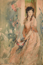 Load image into Gallery viewer, Antoine Calbet Watercolour Study Of A Young Woman Holding A Bonnet Circa.1900
