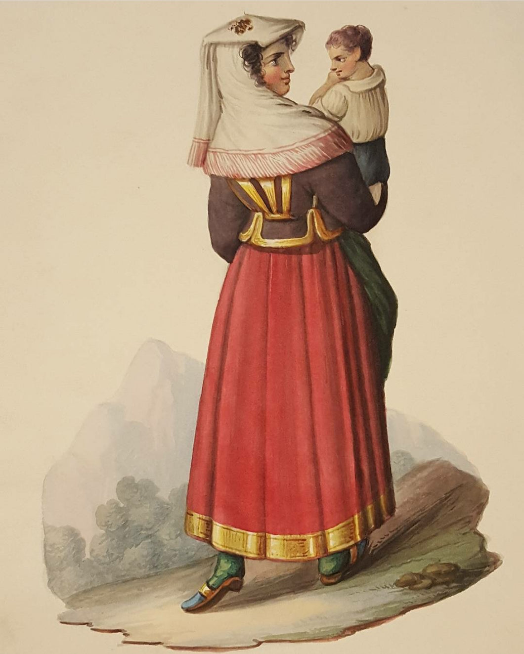 Neapolitan School 19th.Century Watercolour A Woman Of Ischia