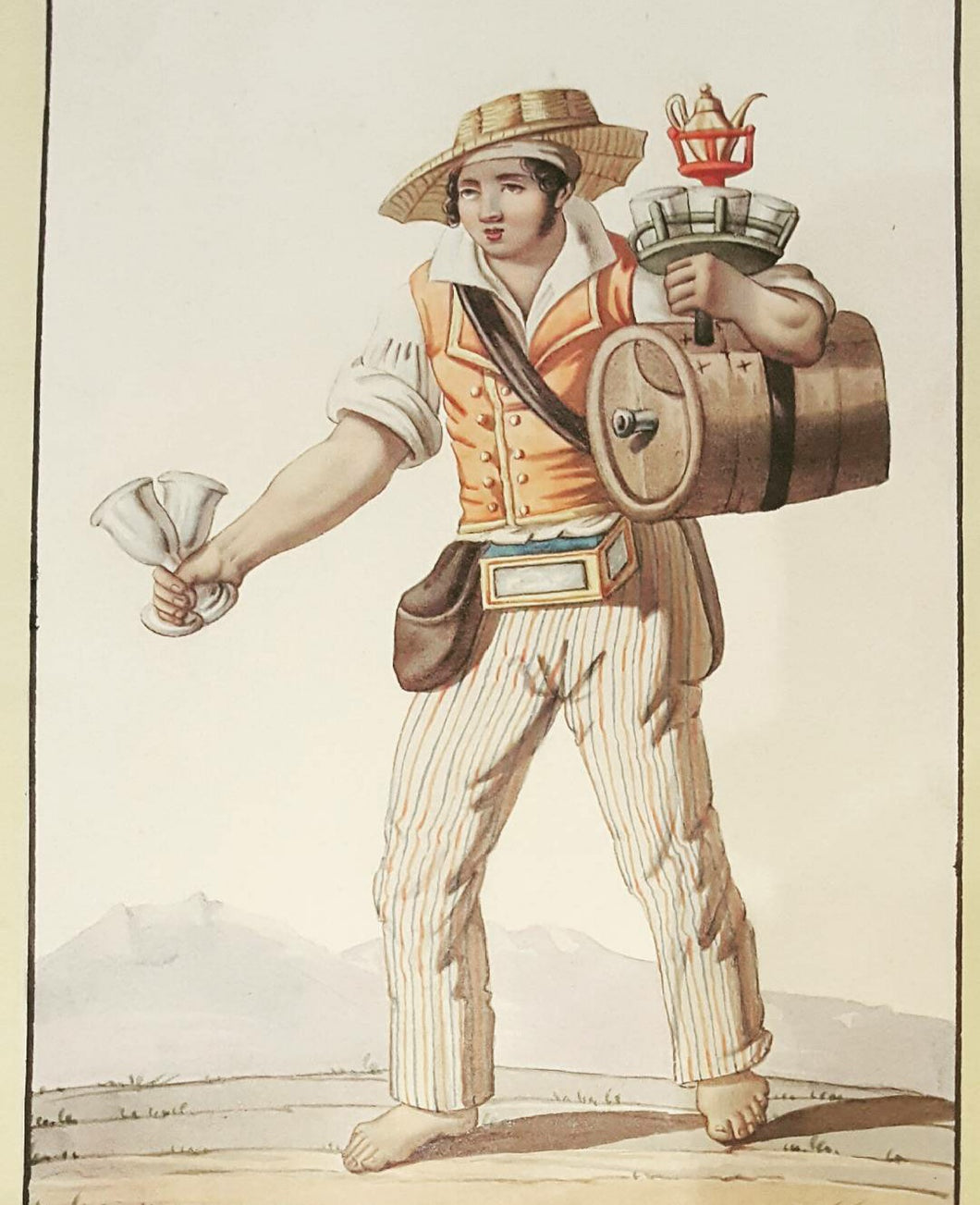 Neapolitan School 19th.Century Watercolour A Street Vendor