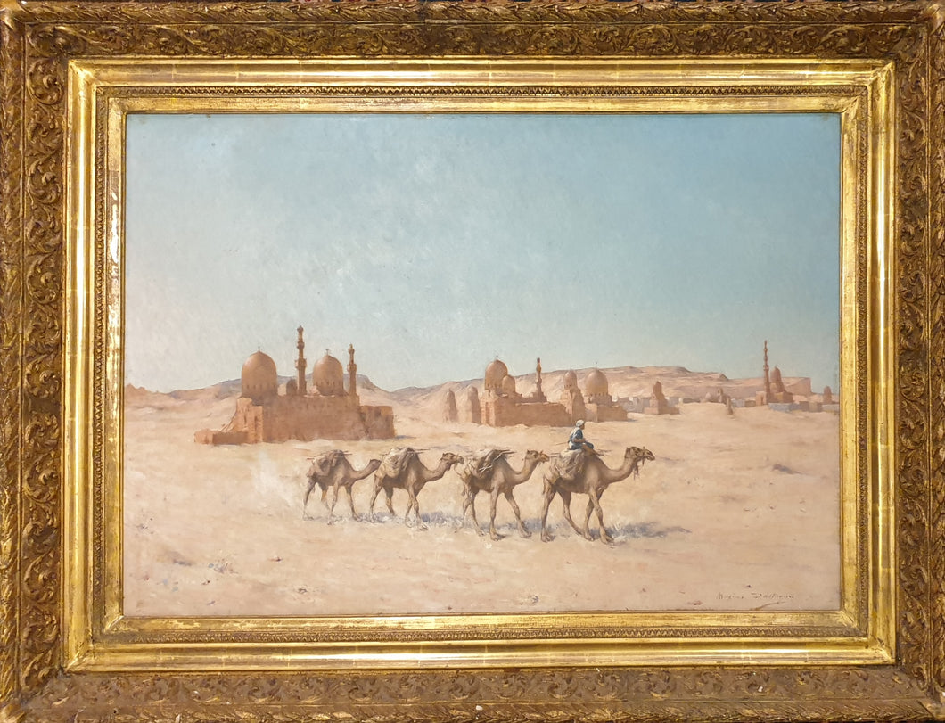 Maxime Dastugue 19th.Century Orientalist Oil Painting Camel Train Passing The Tombs Of The Caliphs Cairo